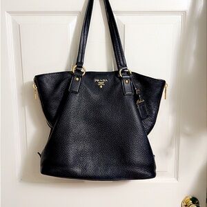 Prada Textured Black Tote with Gold Accents